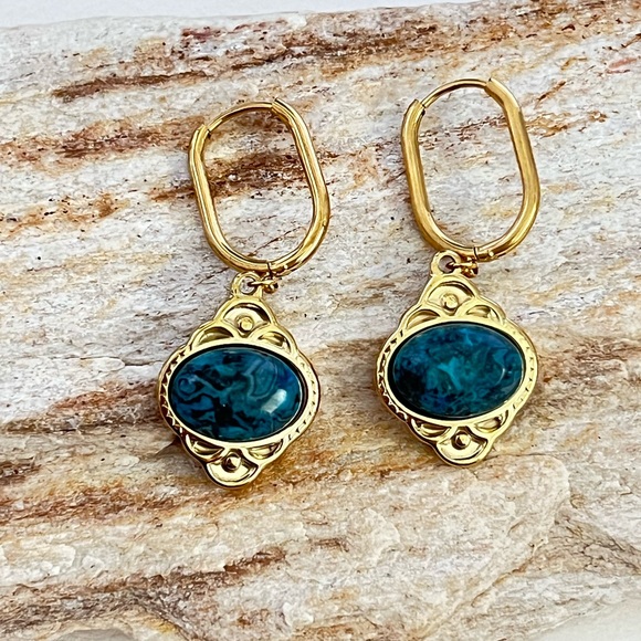 Elegant Stone Pendant Hoops - Dainty Boho Earrings - Flirty Coquette Earrings - Picture 11 of 15